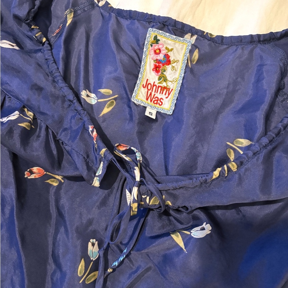 Johnny Was Floral Navy Blue Silk Dress Small - Picture 7 of 7